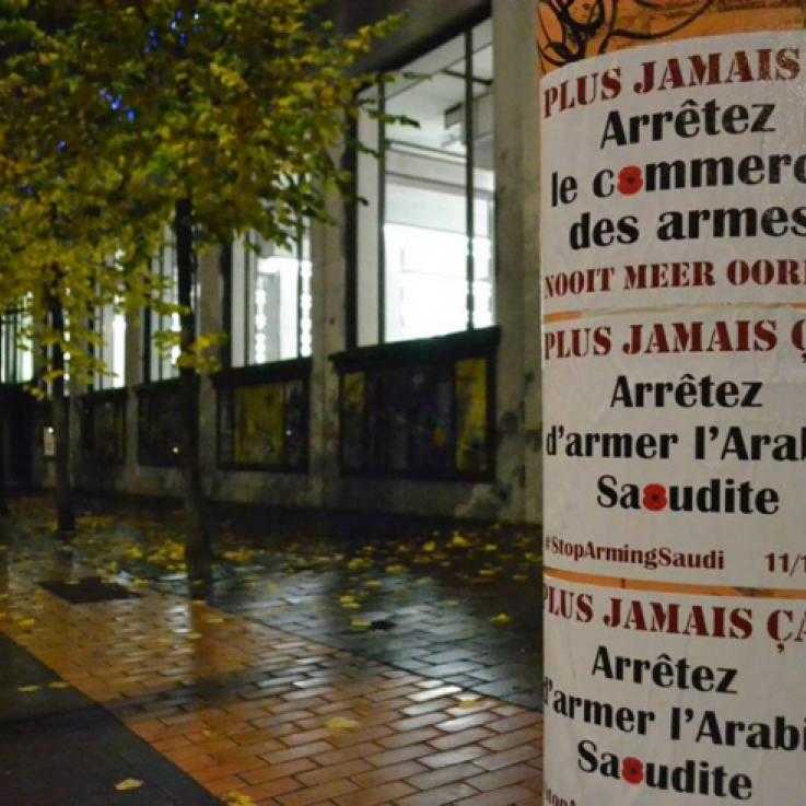 A photo of the "stop arming Saudi" posters put up around Brussels