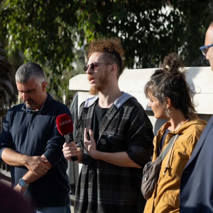 Mustafa Hurben making a statement with Initiative for Conscientious Objection in Cyprus activists