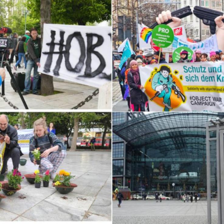 A collage of photos of different actions of the #ObjectWarCampaign and #RefuseWarCampaign