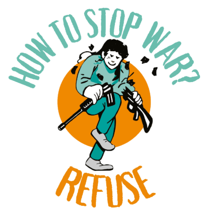 An image that shows a person breaking a rifle with a title that says "How to stop war? Refuse".